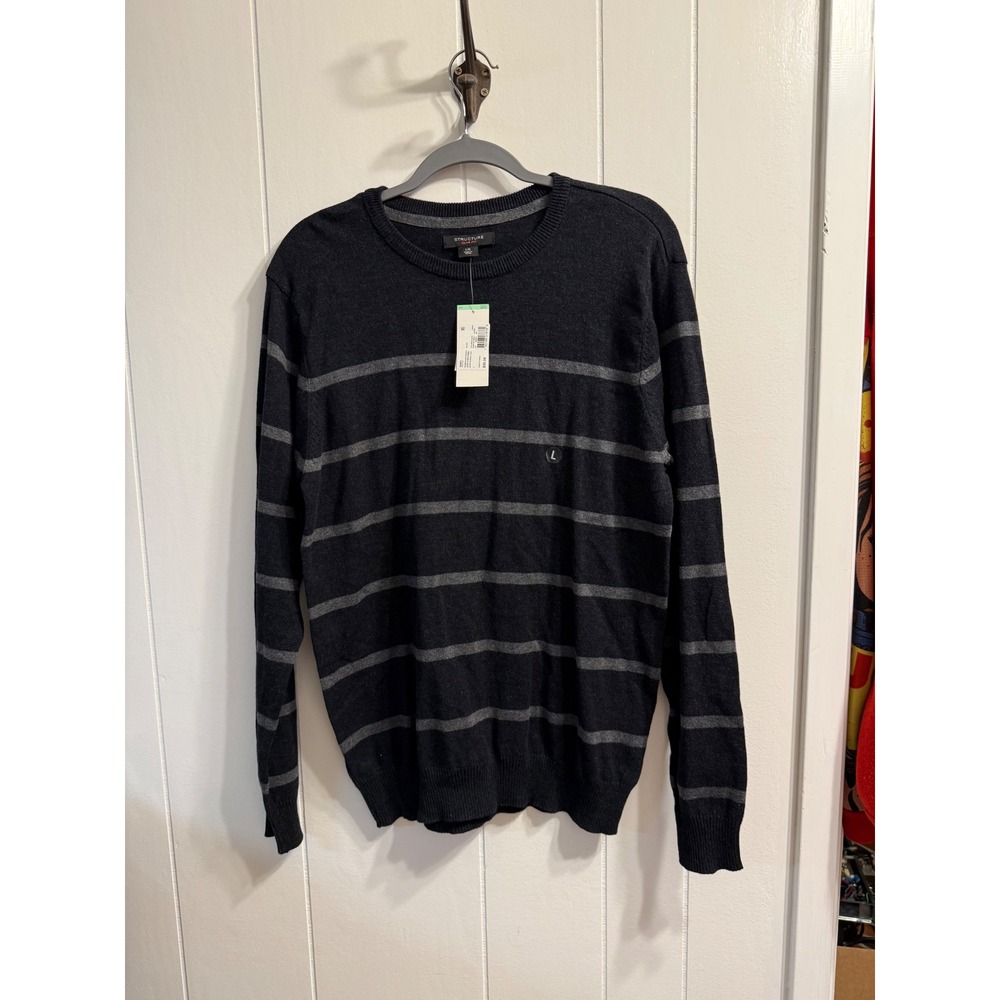 Structure Slim Fit Mens Crewneck Sweater Black Grey Striped Large NEW